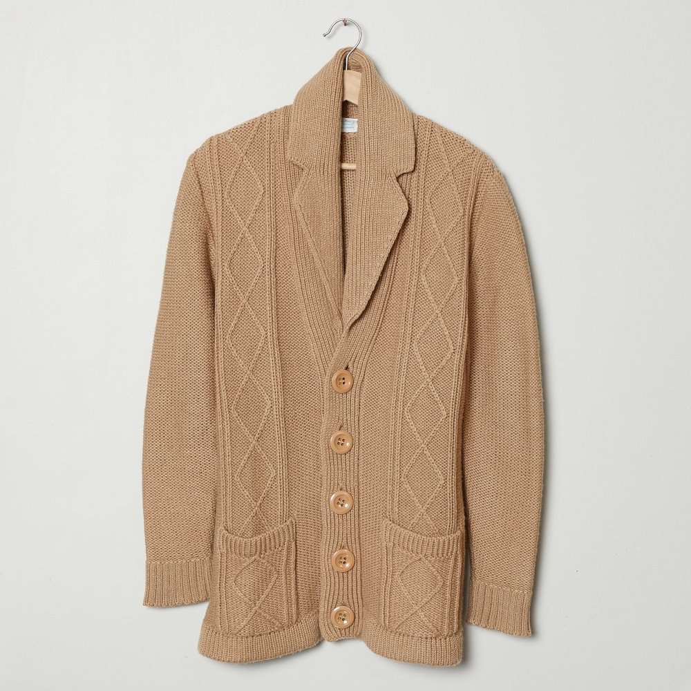 Vtg 60s Tan Cable Knit Cardigan M
